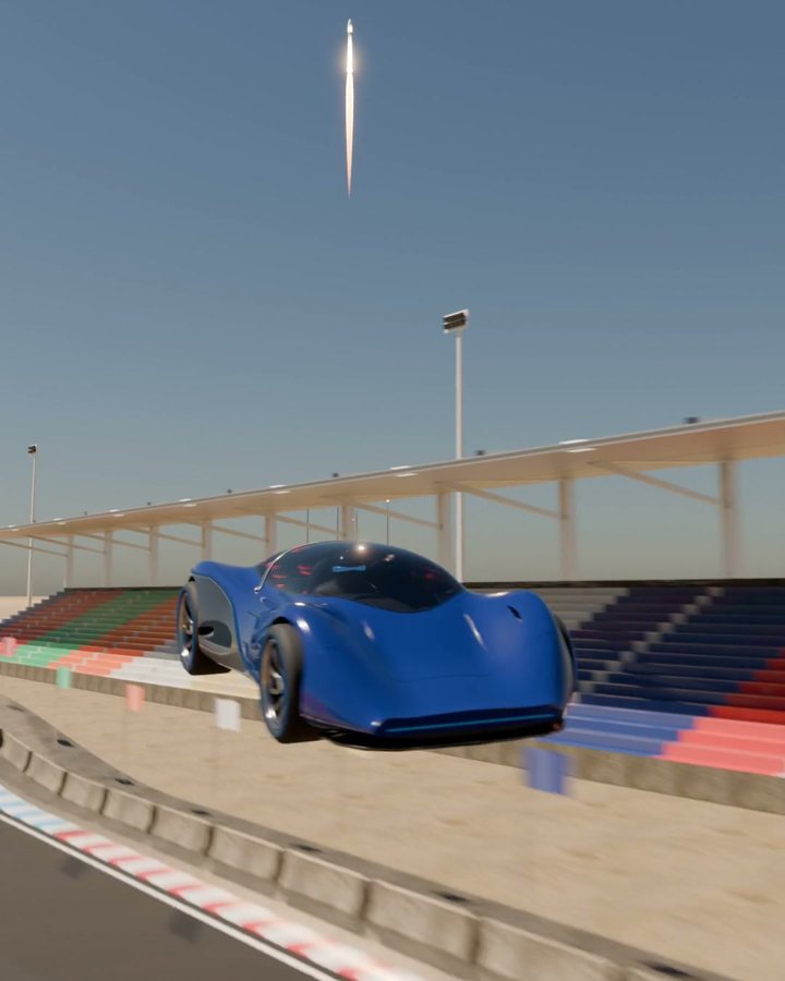 A blue RocketCar in mid-air over the track, a rocket launching in the sky behind it.
